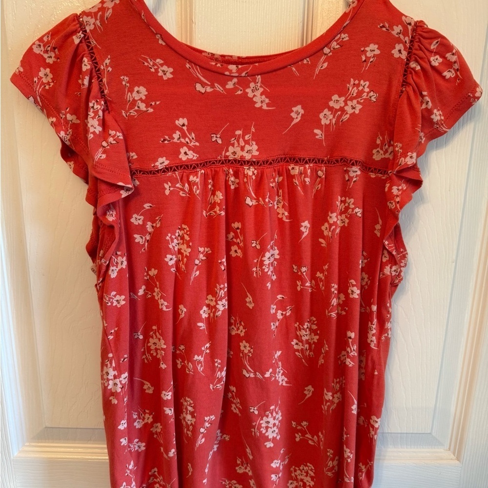 Loft Floral Red Blouse with Ruffle Sleeves